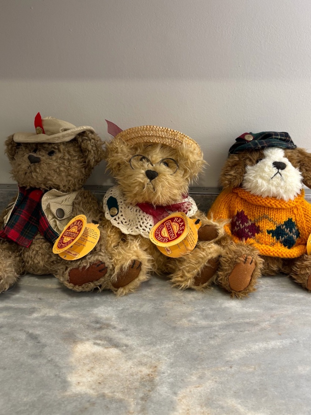 Lot of 3 ‘97 Brass Button Bears w/ Tag Pickford Tanner Rosie Augie Plush Jointed